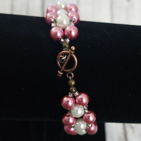 Pink & white glass pearl beaded bracelet - Picture 7 of 8
